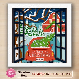 Svg, Shadow Box de Noël à la ferme, Boîte 3D de Noël à la ferme, Décoration de Noël, Cadeau de Noël, Noël en camion, Sapin de Noël