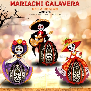 Peut inclure: Ensemble de trois modèles de lanternes Mariachi Calavera. Les modèles comprennent un squelette de mariachi jouant de la guitare et deux figures féminines squelettiques en robes et chapeaux. Les lanternes sont noires avec des découpes de crânes et des motifs floraux.