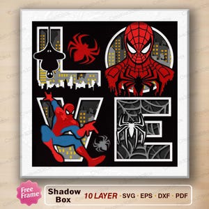 May include: A multi-layered shadow box design featuring the word LOVE with Spider-Man imagery. The L includes a hanging silhouette, the O features a portrait of Spider-Man, the V shows a dynamic Spider-Man pose, and the E displays a spider web.