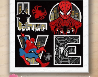May include: A multi-layered shadow box design featuring the word LOVE with Spider-Man imagery. The L includes a hanging silhouette, the O features a portrait of Spider-Man, the V shows a dynamic Spider-Man pose, and the E displays a spider web.