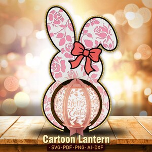 Lanterna coniglietto con motivo cinese floreale rosa, scatola delle ombre di Pasqua felice, lanterna coniglietto pasquale, coniglio pasquale in tela rosa, decorazioni pasquali, coniglietto svg/K217