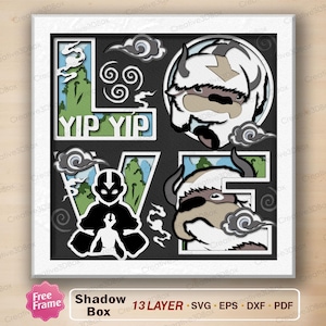 May include: A multi-layered shadow box art piece featuring the word LOVE with the text YIP YIP. The design includes Appa, a silhouette of Aang, and airbending symbols against a green mountain background, all encased in a white square frame.