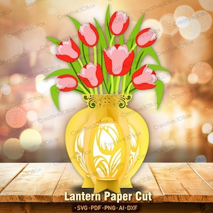 Papieren snijbestand tulp bloem lantaarn| Tulpenlantaarn decoraties Vaas met tulpenlantaarn vaas bloemenlantaarn cadeau voor moeder Tulp Shadow Box /K292