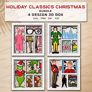 May include: A 3D box set featuring four designs based on holiday classics. Each design is a framed window scene with characters and quotes from popular Christmas movies. The set includes SVG, PNG, DXF, and PDF files.
