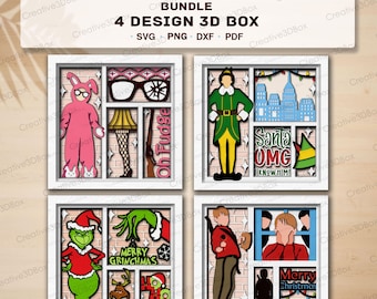 May include: A 3D box set featuring four designs based on holiday classics. Each design is a framed window scene with characters and quotes from popular Christmas movies. The set includes SVG, PNG, DXF, and PDF files.