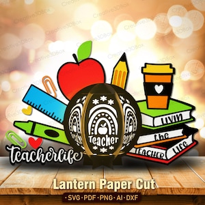 Lanterna de Professor SVG, Papel Recortado em Camadas 3D com Livros, Lápis de Maçã e Café para Presente de Professor, Decoração Escolar ou Artesanato com Luz para Sala de Aula /K496