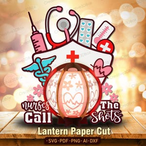 Linterna SVG de Nurse Life, corte de papel 3D en capas con gorro médico, estetoscopio y frase "Las enfermeras mandan" para regalo y decoración de enfermeras /K494