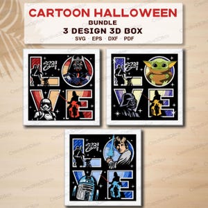 May include: A bundle of three 3D box designs with a Halloween theme. Each design features characters from a popular science fiction franchise, with the word "LOVE" spelled out in a unique style. The designs include SVG, EPS, DXF, and PDF formats.