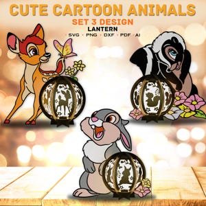 Pacchetto Lanterna a forma di cartone animato / Lanterna a forma di cervo / Lanterna a forma di cervo / Lanterna Bambi / Thumper Shadow Box / Bambi SVG / Decorazione per la stanza dei bambini / K107