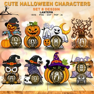 Könnte beinhalten: Eine Sammlung von acht Halloween-Laternen-Designs. Die Designs umfassen eine Vogelscheuche, Kürbisse, einen Geist, einen Baum, eine Eule, einen Raben, eine schwarze Katze und eine Fledermaus. Jede Laterne hat ein dekoratives Ausschnittdesign.
