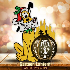 May include: A cartoon lantern featuring a yellow dog with a red Santa hat holding a letter addressed to Santa. The lantern has a round, black base with a white design of a castle and stars. The text on the letter reads "To: Santa North Pole".