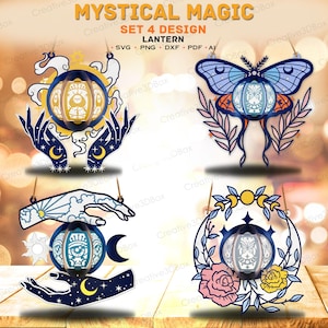 Pacote SVG de lanterna mágica mística, conjunto de 4 caixas de luz de papel recortadas em camadas com temas de lua, mãos, borboleta e flores para Cricut /K373