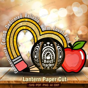 Lanterna per insegnanti in formato SVG, scatola luminosa in carta tagliata con matita e mela 3D, file Cricut multistrato per decorazioni e regali per insegnanti, regalo per insegnanti /K420