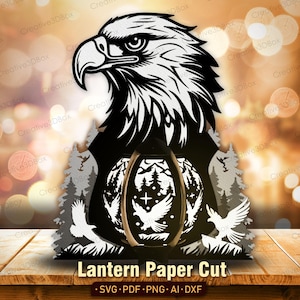 Lanterne d'aigle en papier découpé SVG | Boîte à ombres animal de la forêt Light Eagle Shadow Box aigle Boîte à lumière 3D pygargue à tête blanche patriotique Veilleuse décorative/K429