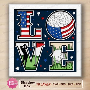 May include: A square multi-layered shadow box art piece featuring the word LOVE. The letter L is patterned with the American flag. The letter O is a golf ball with flag details. The letter V shows a golfer silhouette. The letter E shows a golf ball.