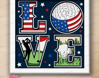 Love Golf Shadow Box SVG, Golf Layered Shadow Box, USA Golf Decor, Golfer Gift Idea, Patriotic Sports Shadow Box Frame /H197
