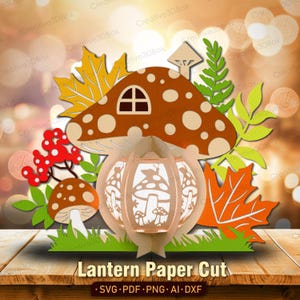 Lanterne champignon en papier découpé, forêt d'automne en couches 3D avec cottage de fées et feuilles d'automne pour décoration DIY/K525