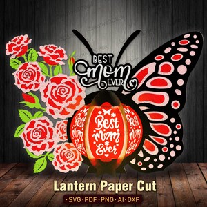 Butterfly Rose - Meilleure lanterne pour maman jamais découpée dans du papier | Lanterne florale rose avec boîte 3D, lanterne pour la fête des mères, cadeau pour maman / K311