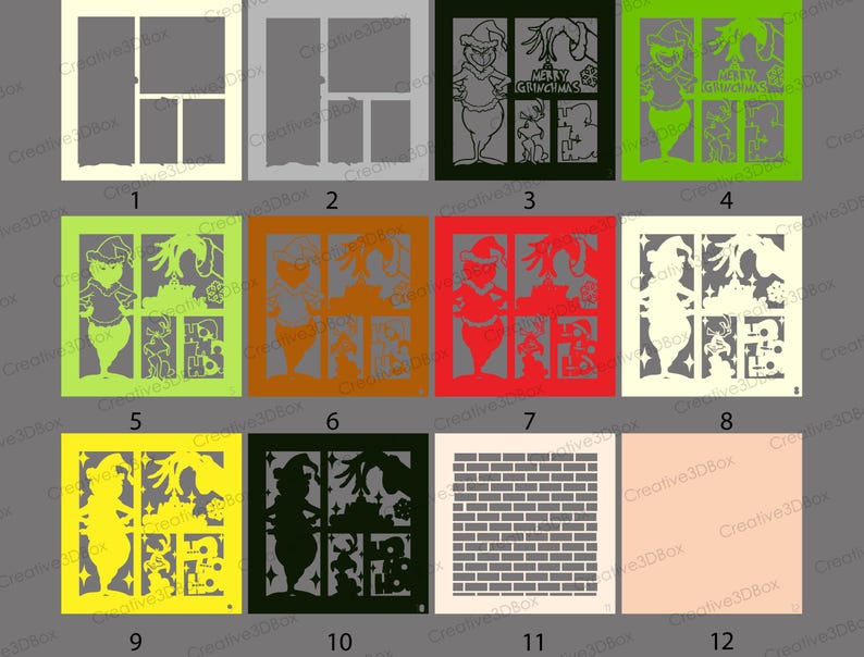 May include: A collection of Christmas-themed stencils featuring the Grinch character in various designs. The stencils are in different colors, including green, yellow, and red, and are suitable for crafting and holiday decorations.