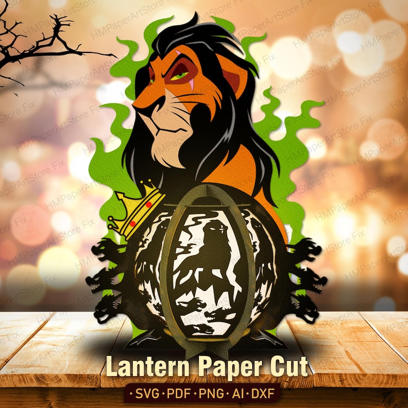 Puede incluir: Una linterna de papel recortado con un personaje de le&oacute;n con una corona, rodeado de llamas verdes. La linterna tiene un dise&ntilde;o detallado con siluetas de otros personajes. El texto "Lantern Paper Cut" est&aacute; en la parte inferior.