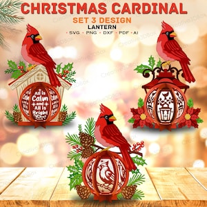 Peut inclure: Une conception sur le thème de Noël avec trois lanternes cardinales rouges. Chaque lanterne présente un design unique, dont une en forme de nichoir et une autre avec un motif floral. Le texte "All is Calm and All is Bright" est visible sur une lanterne. L'image comprend le texte "Christmas Cardinal" et "Set 3 Design Lantern".