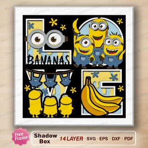 Peut inclure: Un design graphique multicouche représentant le mot LOVE avec des personnages Minions jaunes, des salopettes bleues et des bananes jaunes. La lettre L intègre des lunettes de Minion, la lettre O montre trois Minions et la lettre E des bananes.
