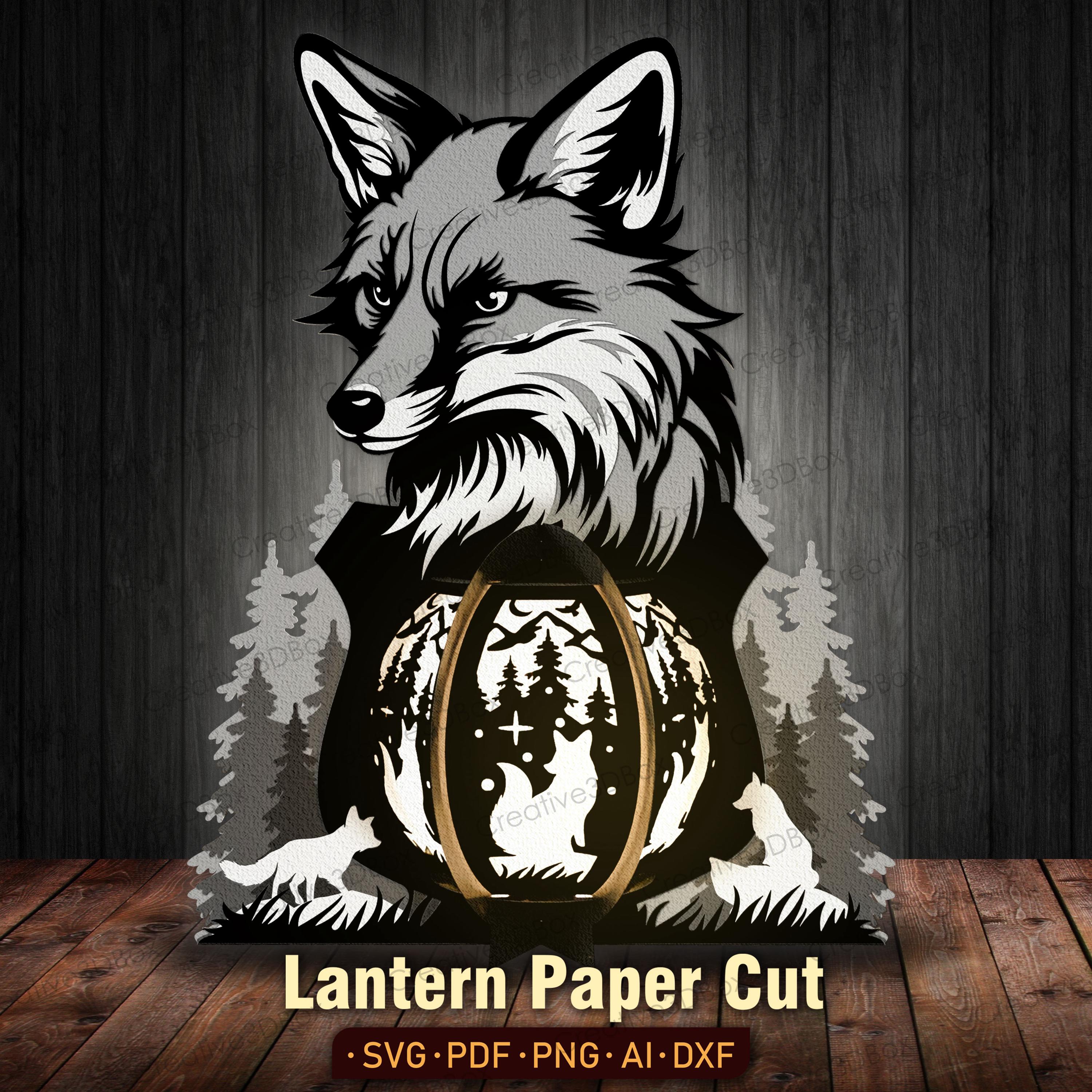 Fox Lantern Paper Cut SVG | 3D Forest Animal Shadow Box Light Fox