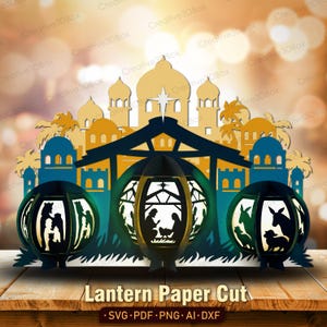Ensemble SVG lanterne de la Nativité, découpe de papier 3D crèche de Noël avec fond de Bethléem, caisson lumineux en couches pour décoration de vacances/K545