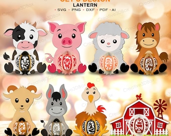 May include: A digital design set titled ANIMAL FARM CUTE SET 8 DESIGN LANTERN, featuring eight illustrations including a cow, pig, sheep, horse, goat, donkey, chicken, and a red barn, available in SVG, PNG, DXF, PDF, and AI file formats.