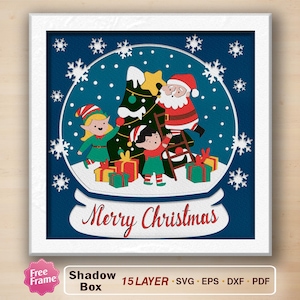 Santa Claus Shadow Box SVG, boîte 3D du père Noël, boîte d'ombre de Noël, décoration de Noël, cadeau de Noël, boule à neige, père Noël et elfe Svg
