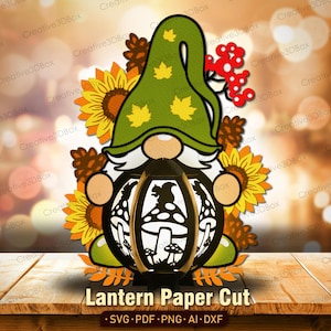 Lanterne gnome des bois SVG, boîte à lumière automne 3D découpée en papier avec champignons et écureuil, papercraft mignon forêt d'automne pour décoration DIY/K557
