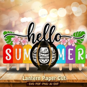 Bonjour Summer lanterne papier découpé fichier | Boîte à ombres Hello Summer Décoration d'été Lanterne à popsicle Hello Summer Boîte à lumière Hello Summer / K394