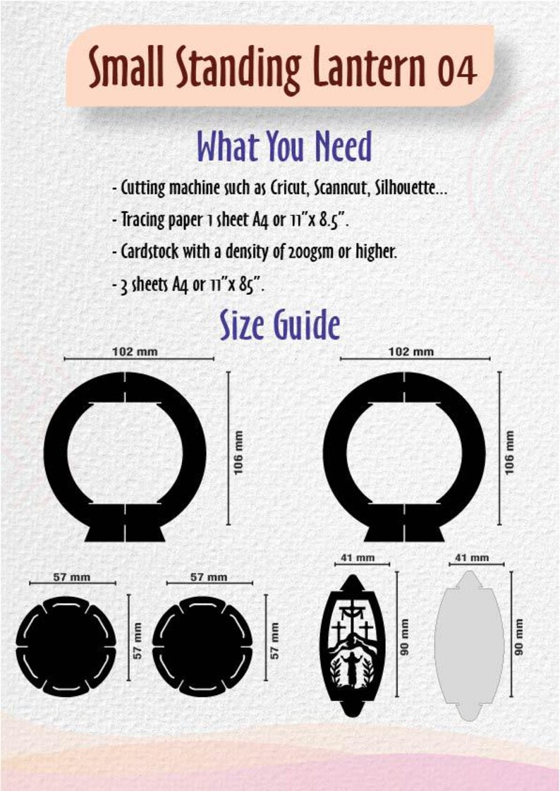 May include: Diagram for a small standing lantern, labelled "Small Standing Lantern 04." The image includes size guides with measurements in millimetres, and instructions for materials like cardstock and tracing paper. The lantern designs are shown in black.