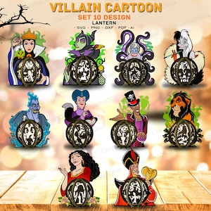 May include: A set of ten cartoon lantern designs featuring various villains. Each lantern is a dark sphere with cut-out silhouettes of characters, surrounded by colorful illustrations of the villains. The text "VILLAIN CARTOON SET 10 DESIGN LANTERN" is at the top.