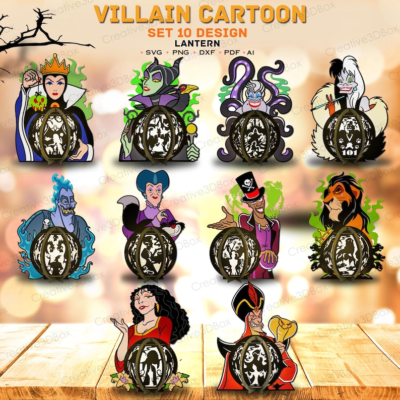 Puede incluir: Un conjunto de diez dise&ntilde;os de linternas de dibujos animados con varios villanos. Cada linterna es una esfera oscura con siluetas recortadas de personajes, rodeada de ilustraciones coloridas de los villanos. El texto "VILLAIN CARTOON SET 10 DESIGN LANTERN" es visible.