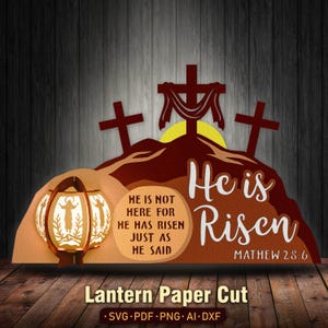 Lege tombe lantaarn papier gesneden bestand| Hij is verrezen Lantaarn Pasen Decoratie Christelijk Verrijzenis Religieus Jezus Christelijk Paasverhaal /K272