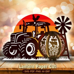 Farm Life tracteur lanterne papier découpé, scène de campagne en couches 3D coucher de soleil avec vache, moulin à vent et décoration de ferme rustique artisanat/K498