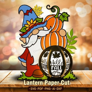 Lanterna de gnomo de outono SVG, caixa de luz recortada em papel 3D Hello Fall com decoração de abóbora, artesanato de papel fofo de outono para decoração de Ação de Graças DIY /K556