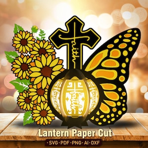 Lime en papier découpé lanterne tournesol Faith | Foi croix lanterne chrétien tournesol foi religieux Jésus chrétien papillon foi svg /K278