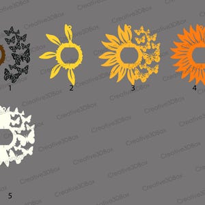 May include: Five different designs for laser cut sunflower and butterfly ornaments. The designs are numbered 1 through 5. The ornaments are in black, white, yellow, and orange.
