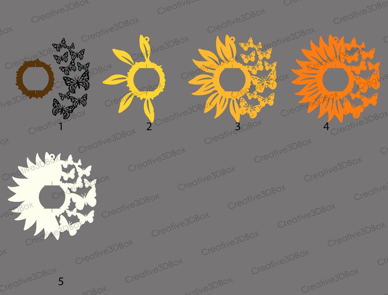 May include: Five different designs for laser cut sunflower and butterfly ornaments. The designs are numbered 1 through 5. The ornaments are in black, white, yellow, and orange.
