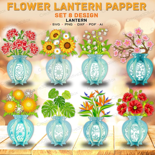 Conjunto de 8 arquivos de recorte de papel para lanternas de flores em vasos | Lanterna de flor de cerejeira, lanterna de papoula, ave-do-paraíso, lírio-do-vale, decoração de dente-de-leão /K436