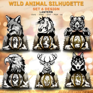 Pacchetto SVG di lanterne con animali selvatici, set di lanterne di carta con animali della foresta, scatola delle ombre 3D con volpe, orso, cervo, aquila, lupo e cavallo SVG /K439