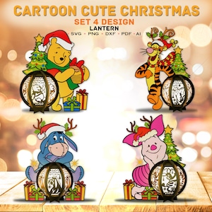 Bundle personnages de dessins animés lanterne, lanterne de Noël, lanterne de dessin animé svg, boîte d'ombre de dessin animé, décoration de Noël, cadeau de Noël, cadeau pour enfant