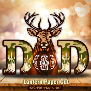 Papa chasse lanterne SVG, boîte à lumière 3D tête de cerf meilleur papa jamais, artisanat en papier Camo Cricut, modèle SVG cadeau chasseur de fête des pères /K451