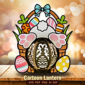 Fichier de découpe de papier de boîte d'ombre de panier de lapin de Pâques | Panier de Pâques Lanterne Décoration de Pâques Lanterne de Pâques en papier Oeufs de lapin de Pâques Lightbox/K208