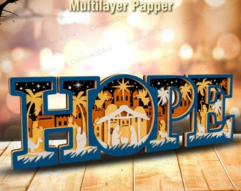 Christmas HOPE Word Art, Nativity Scene Multilayer Design, Religious Holiday Decor, Layered Sign, Inspirational Christmas Gift /K762