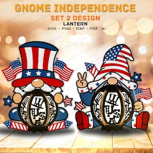 Gnome 4 juli lantaarn SVG-bundel, 3D patriottische VS papier gesneden lichtbak Cricut Independence Day SVG-bestanden Memorial Day Veterans Day/K423