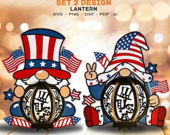 Gnom 4. Juli Laterne SVG Bundle, 3D Vaterländischer USA Papierschnitt Licht Box Cricut Unabhängigkeitstag SVG-Dateien Gedenktag kriegsveteranen Tag / K423