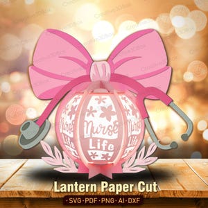 Nurse Life Lantern Paper Cut, uroczy 3D wielowarstwowy kwiatowy lampion z kokardą i stetoskopem na prezent i dekorację z okazji Tygodnia Pielęgniarki /K485